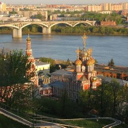 View of river with city in background