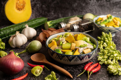 Close-up of fruits and vegetables on table