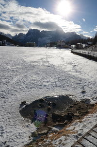 Scenic view of mountains against sky during winter