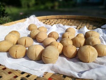 High angle view of eggs in basket on table