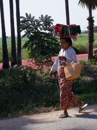 Woman with umbrella walking on palm tree