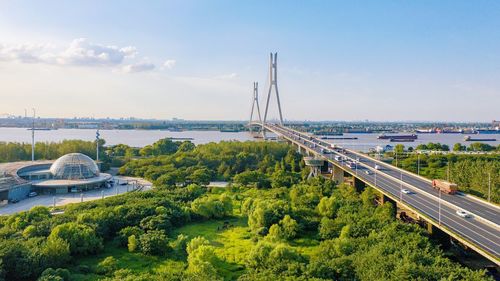 High angle view of bridge over plants against sky