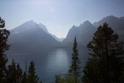 Scenic view of mountains and lake against sky