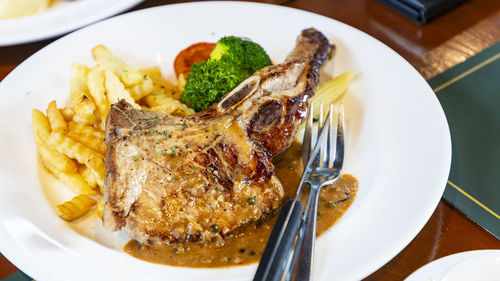 High angle view of food in plate on table