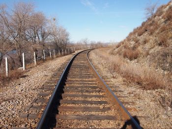 Railroad tracks amidst bare trees against sky