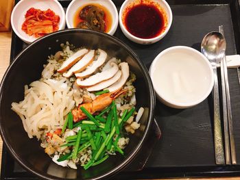 High angle view of meal served on table