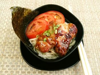 High angle view of food in plate on table