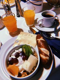 High angle view of breakfast served on table