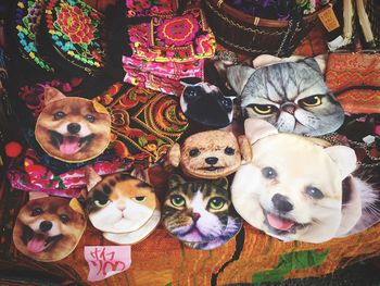 Close-up of animal masks for sale