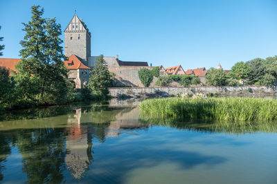 Scenic view of lake by buildings against clear sky