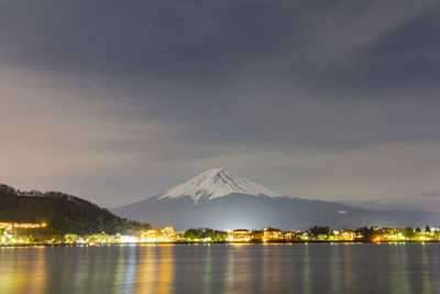 Scenic view of lake by snowcapped mountain against sky