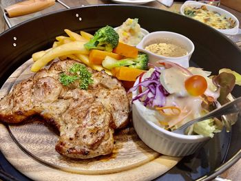 High angle view of food served on table