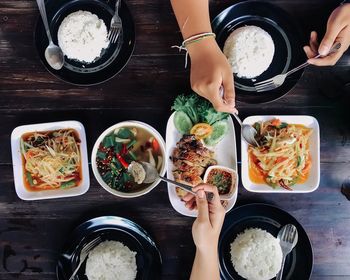 High angle view of people having food