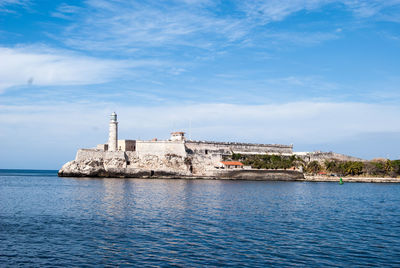 View of built structure by sea