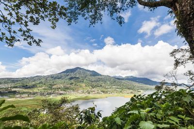 Scenic view of lake and mountains against sky