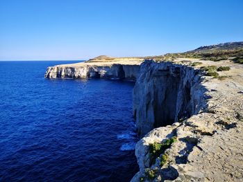 Scenic view of sea against clear blue sky