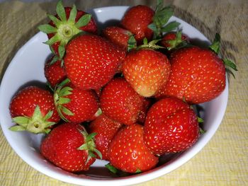 High angle view of strawberries in bowl on table