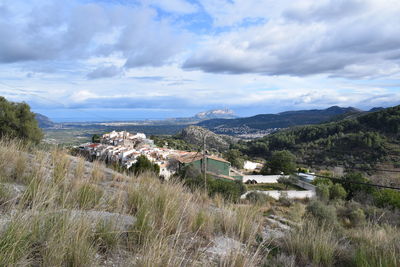 Scenic view of landscape and buildings against sky