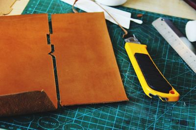 High angle view of book on table