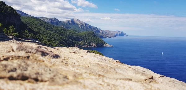 Scenic view of sea and mountains against sky