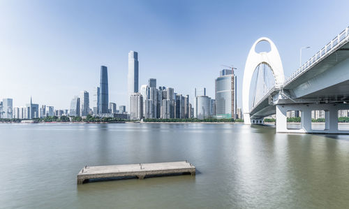 Bridge over river by buildings against sky in city