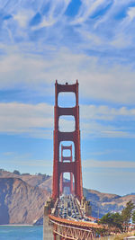 View of suspension bridge against cloudy sky