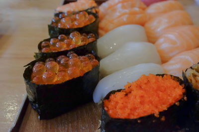 Close-up of sushi served on table