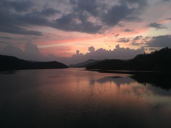 Scenic view of lake against sky at sunset