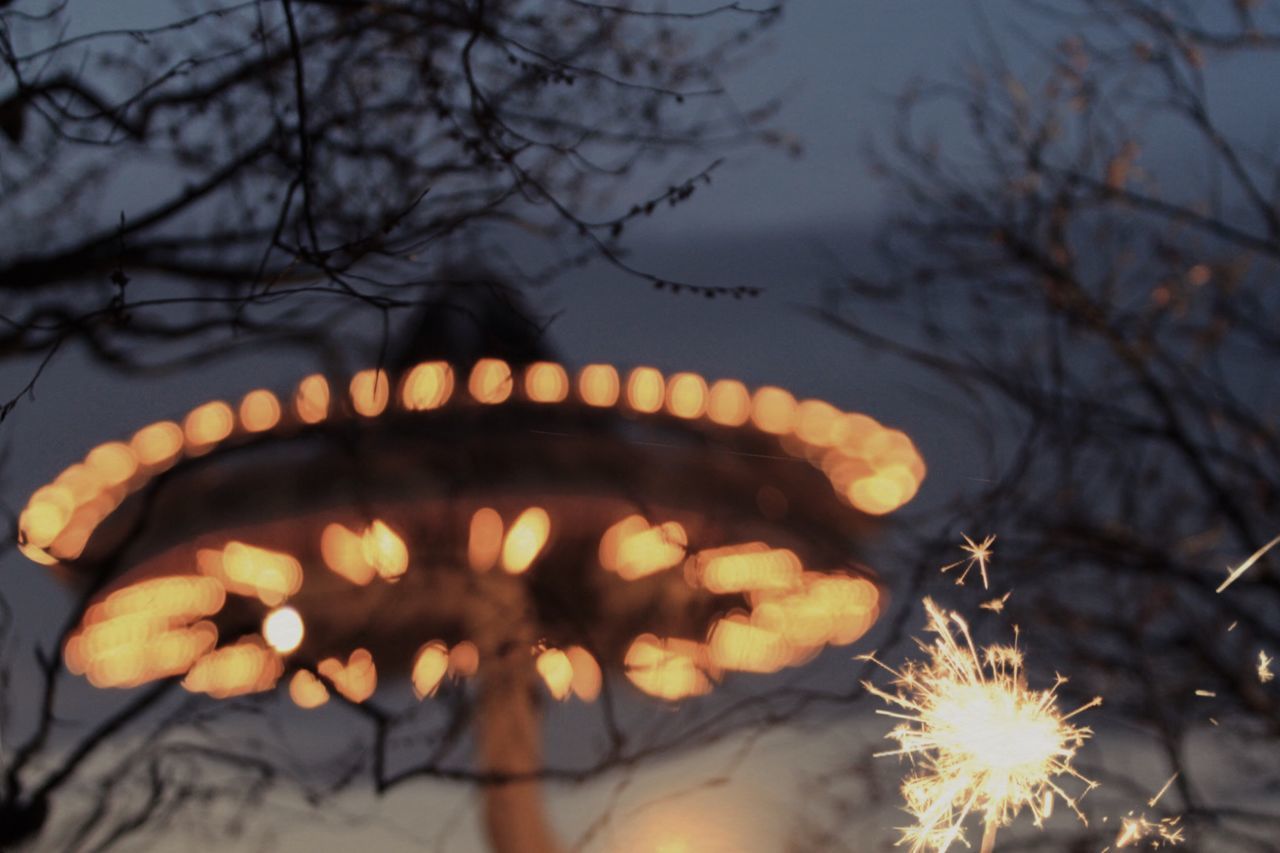 illuminated, nature, tree, sky, burning, glowing, no people, motion, celebration, bare tree, fire, night, dusk, focus on foreground, fire - natural phenomenon, plant, heat - temperature, flame, outdoors, blurred motion