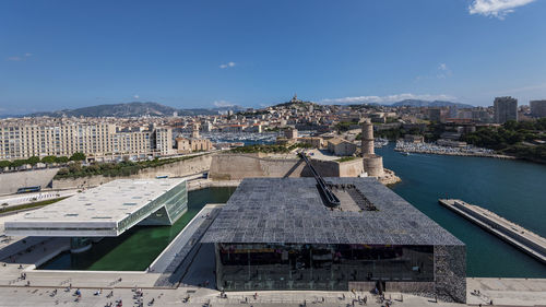 High angle view of buildings in city