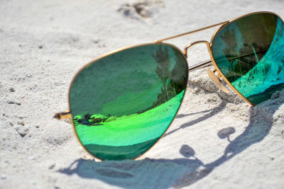 High angle view of sunglasses on sand
