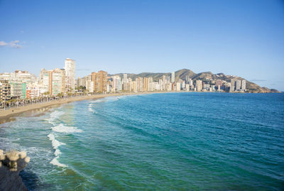 View of the coastline of levante beach, benidorm, alicante, spain