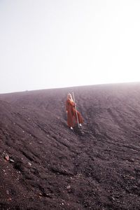 Rear view of man on land against clear sky