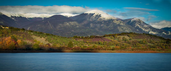 Scenic view of lake and mountains against sky