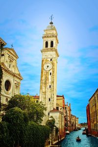 View of bell tower against blue sky