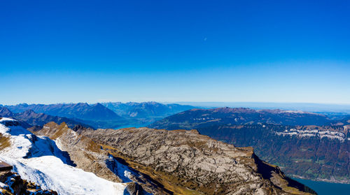 Scenic view of mountains against clear blue sky