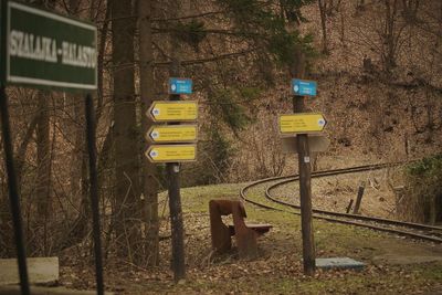 Road sign against trees