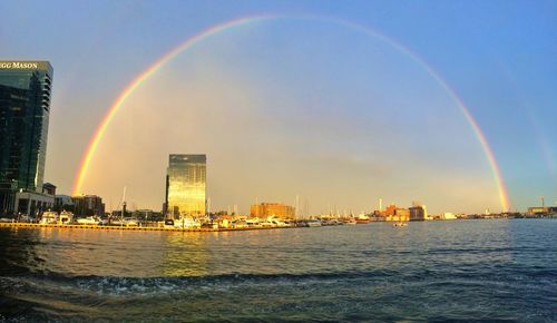 Scenic view of rainbow over city against sky