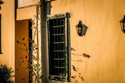 Low angle view of window on wall of building