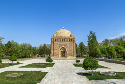 View of historical building against clear blue sky