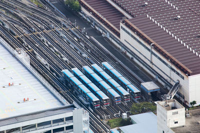 High angle view of trains at shunting yard