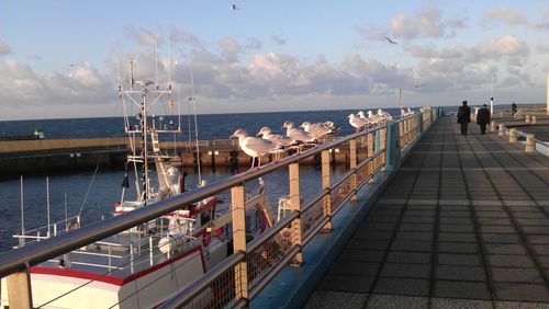 Pier on sea against cloudy sky