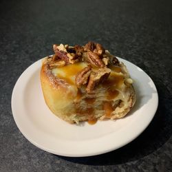 High angle view of cake in plate on table