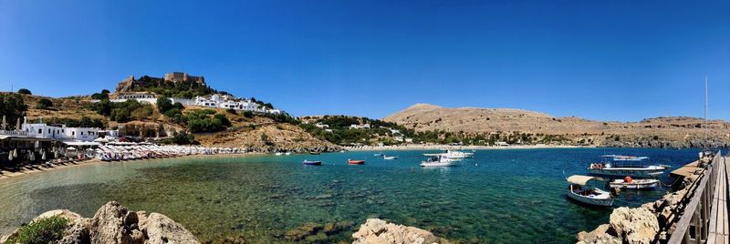 Scenic view of bay against clear blue sky