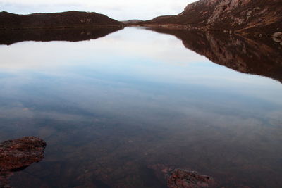 Scenic view of lake by mountains against sky