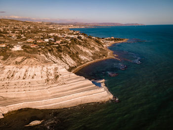 High angle view of sea and rocks against sky