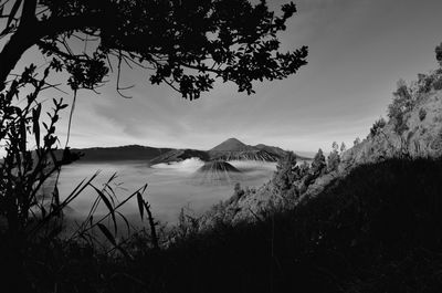 Scenic view of lake against cloudy sky