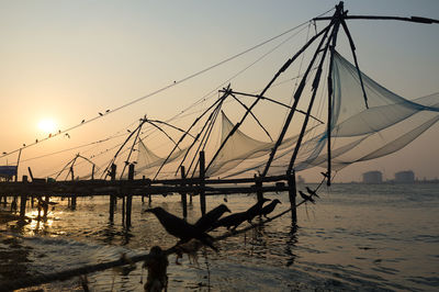 Silhouette cranes against clear sky at sunset