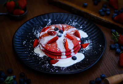 High angle view of dessert served in plate on table