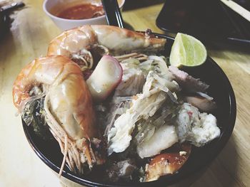 Close-up of seafood in bowl on table